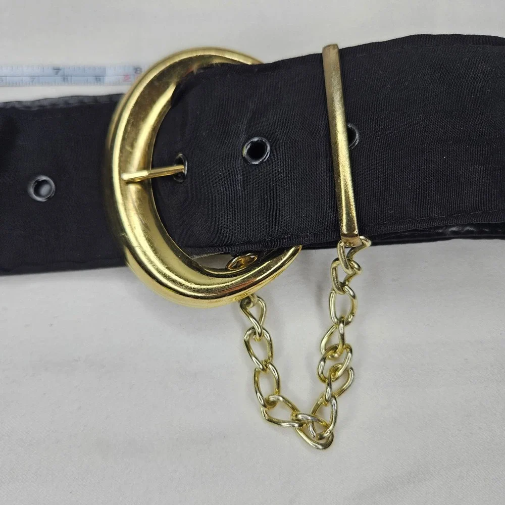 Vtg Black Cloth Wide Cinch Belt Gold Crescent Buckle Chain Detail Retro 30